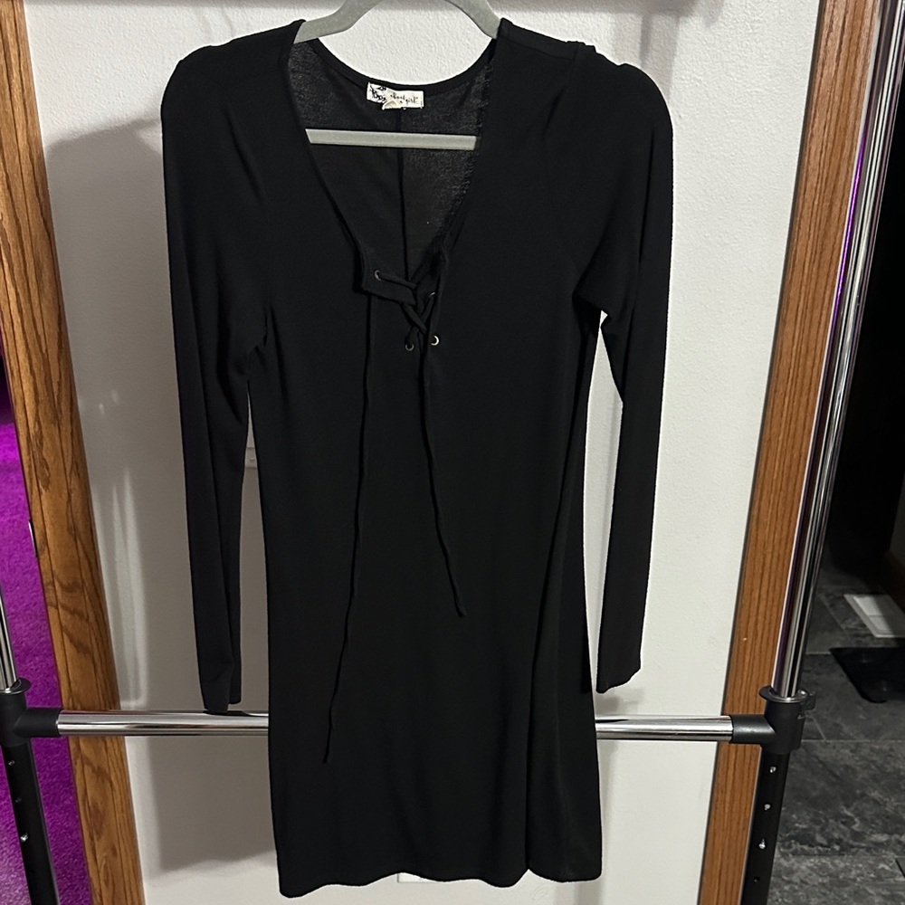 About a Girl Black Long Sleeve Dress with Lace-Up Detail